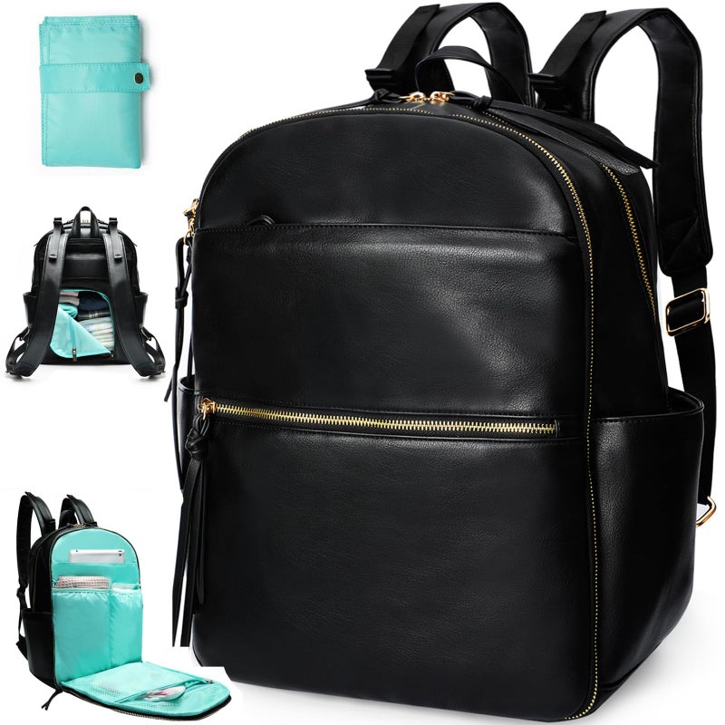 MOMINSIDE Diaper Bag Backpack Leather Diaper Bag with 6 Insulated Pockets, Baby Bag for Mom Dad, Baby Registry, Changing Pad, Stroller Straps,Diaper Backpack Diaper Bag Leather (Black) - Image 1