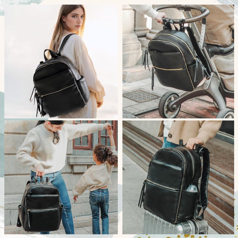 MOMINSIDE Diaper Bag Backpack Leather Diaper Bag with 6 Insulated Pockets, Baby Bag for Mom Dad, Baby Registry, Changing Pad, Stroller Straps,Diaper Backpack Diaper Bag Leather (Black) - Image 5