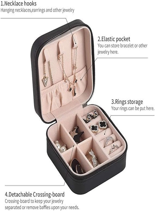 TONSYL Faux Leather Mini Jewelry Travel Case, Small Travel Jewelry Organizer, PU Leather Zipper Locked Portable Storage Box With Multi Compartments For Rings, Earrings, Necklace (Black) - Image 4