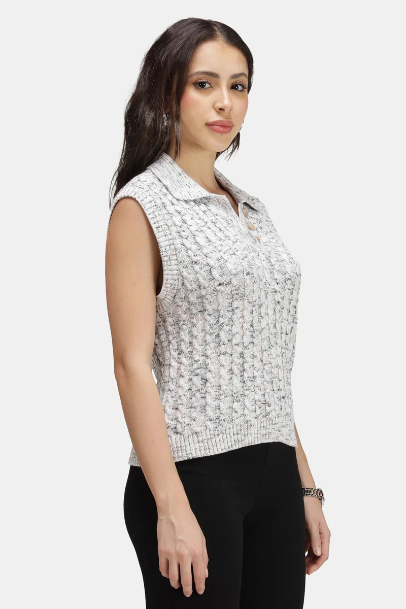 Virgio  Solid Cotton Cable-Knit Polo Sweater Vest for Women for Women | Best Price UAE