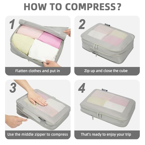 BAGAIL 4 Set/6 Set/8 Set Compression Packing Cubes Travel Accessories Expandable Packing Organizers (Square Mesh, 06-Grey) - Image 4
