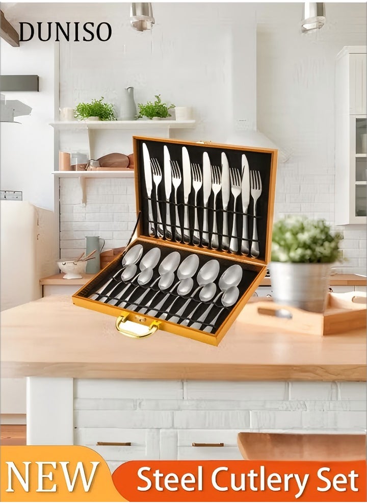 DUNISO 24PCS Silver Flatware Set with Storage Box, Food-Grade Stainless Steel Utensil Set, Service for 6,Mirror Polished Include Knives Forks Spoons Tableware Cutlery Set,Dishwasher Safe  - Image 1