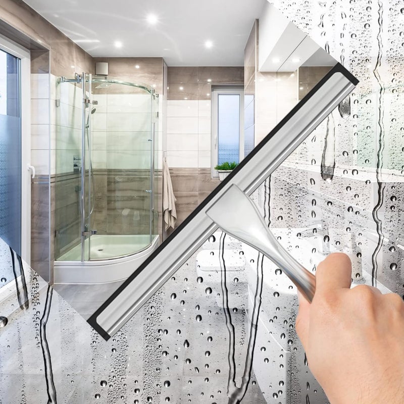 Docrok All-Purpose Stainless Steel Shower Squeegee for Shower Glass Door with 2 Adhesive Hooks, Bathroom Cleaner Tool Household Window Mirror Squeegee, Cleaning Tile Wall, Car, 10 Inch Silver - Image 3