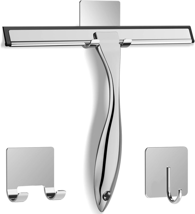 Docrok All-Purpose Stainless Steel Shower Squeegee for Shower Glass Door with 2 Adhesive Hooks, Bathroom Cleaner Tool Household Window Mirror Squeegee, Cleaning Tile Wall, Car, 10 Inch Silver - Image 1