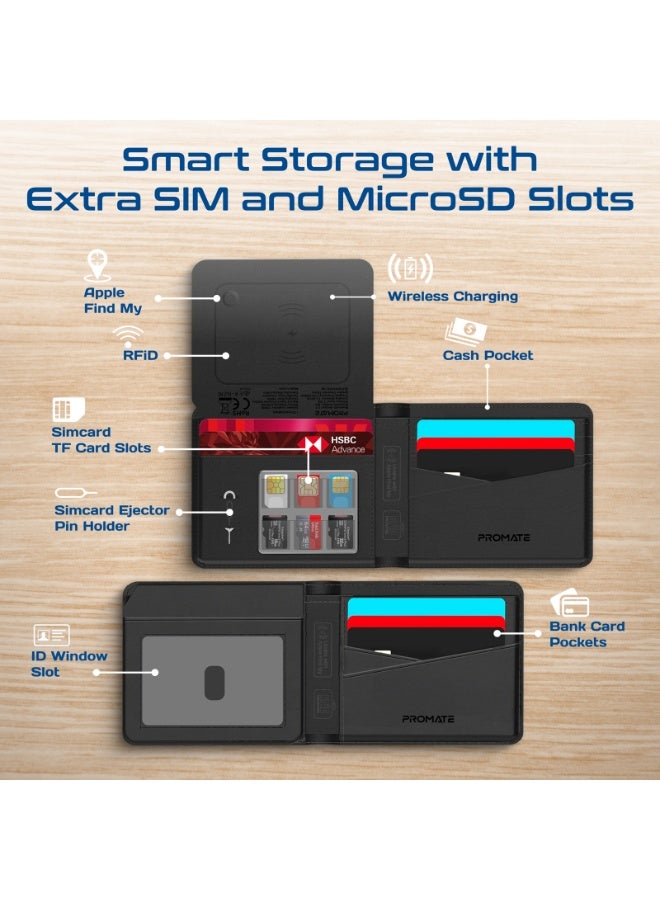 Promate Smart Leather Wallet with RFID Blocking, Apple Find My Tracker, Wireless Charging, Anti-Loss Bluetooth 5.2, SIM & MicroSD Slots, Slim Design, 6-Month Battery - Image 2