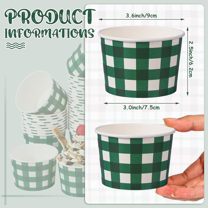 سيرال 9 أونصة كوب آيس كريم ورقية وعاء يمكن التخلص منه بنقشة غينغهام للنزهة والحلوى بنقشة الجاموس المربعة للوجبات الخفيفة وعاء ورقي مربع بالجملة للأطعمة الساخنة والباردة للمطبخ هدايا حفلة عيد الميلاد (أخضر، 50 عبوة) - Image 4