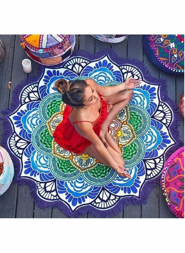 Y&D Microfiber Sand Free Beach Towel, Round Tapestry, Boho Hippie Blanket, Indian Cotton Bohemian Large Table Cloth, Home Decor, Travel Yoga Mat Meditation Picnic Rug (60 Inch)  - Image 4