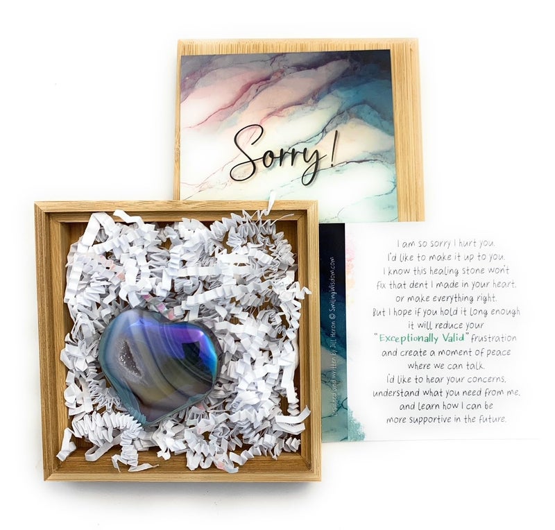 Smiling Wisdom - NEW - Sorry Mini Apology Greeting Card and Matching Palm Heart Keepsake Gift Set - Electroplated Geode Heart - Image 1