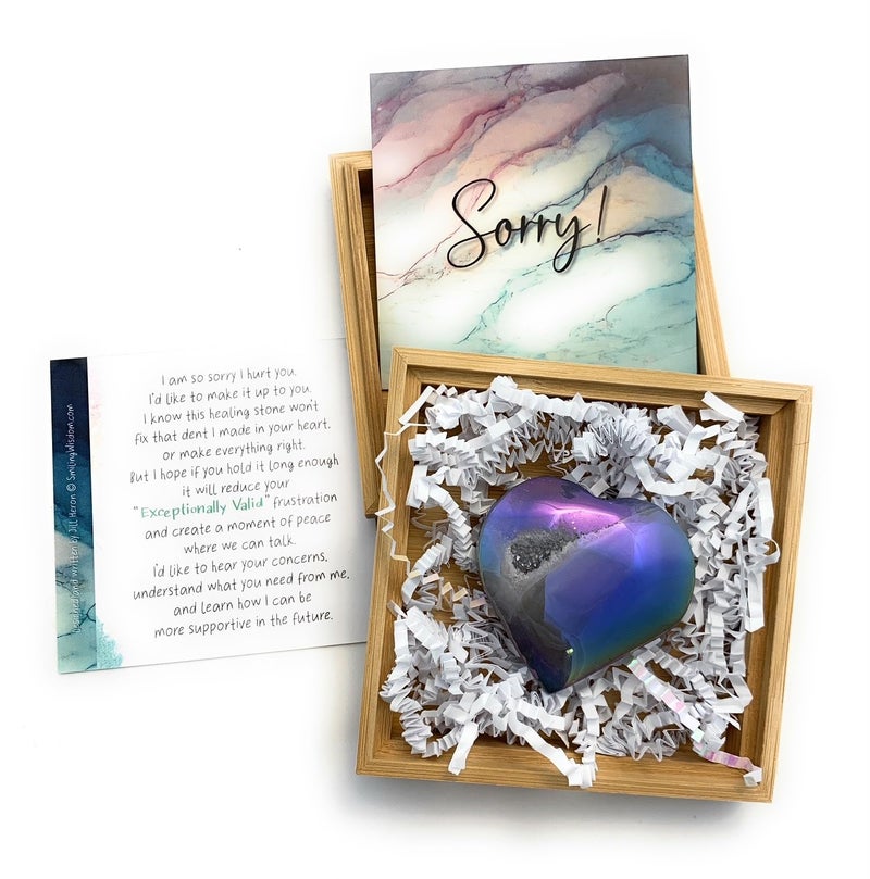 Smiling Wisdom - NEW - Sorry Mini Apology Greeting Card and Matching Palm Heart Keepsake Gift Set - Electroplated Geode Heart - Image 4