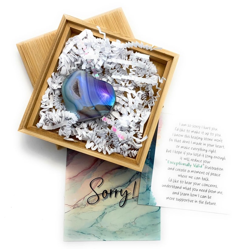 Smiling Wisdom - NEW - Sorry Mini Apology Greeting Card and Matching Palm Heart Keepsake Gift Set - Electroplated Geode Heart - Image 5