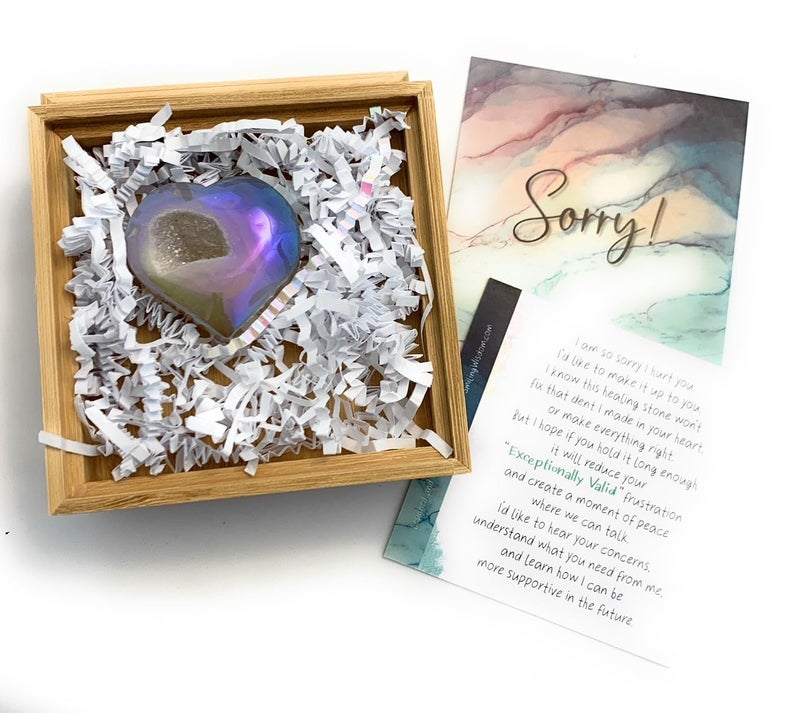 Smiling Wisdom - NEW - Sorry Mini Apology Greeting Card and Matching Palm Heart Keepsake Gift Set - Electroplated Geode Heart - Image 3
