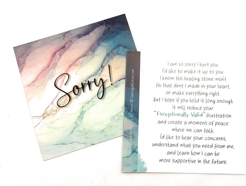 Smiling Wisdom - NEW - Sorry Mini Apology Greeting Card and Matching Palm Heart Keepsake Gift Set - Electroplated Geode Heart - Image 2