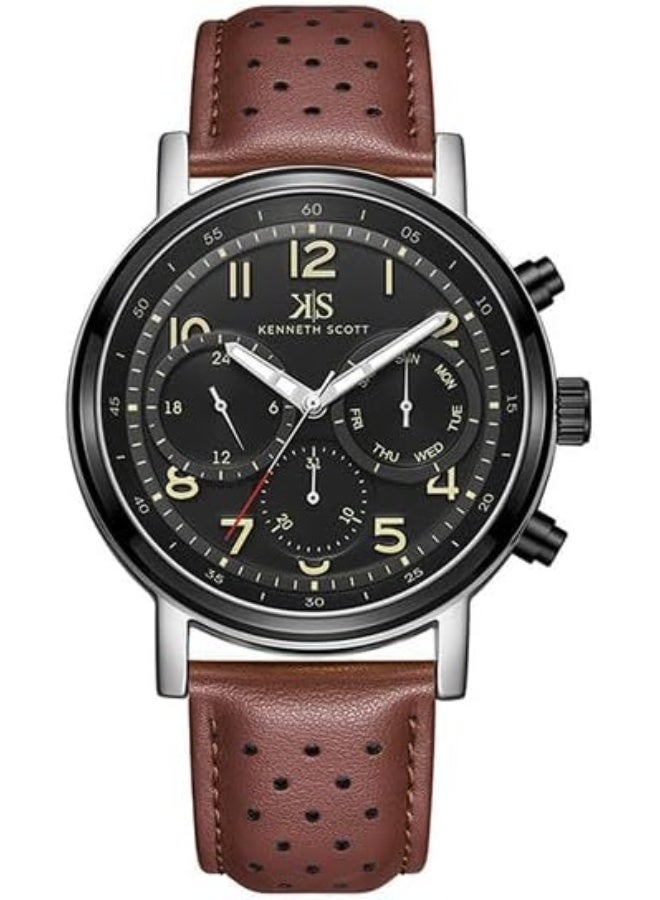 كينيث سكوت ساعة كينيث سكوت للرجال بحركة إبسون  وشاشة بعقارب وحزام جلدي - -، بني - Image 1