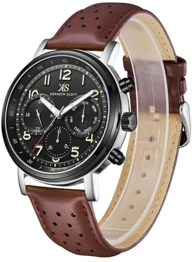 كينيث سكوت Kenneth Scott Men's Epson VX9J Movement Watch, Analog Display and Leather Strap - K24119-QLDB, Brown