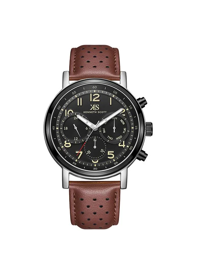 KENNETH SCOTT Kenneth Scott Men's Epson VX9J Movement Watch, Analog Display and Leather Strap - K24119-QLDB, Brown