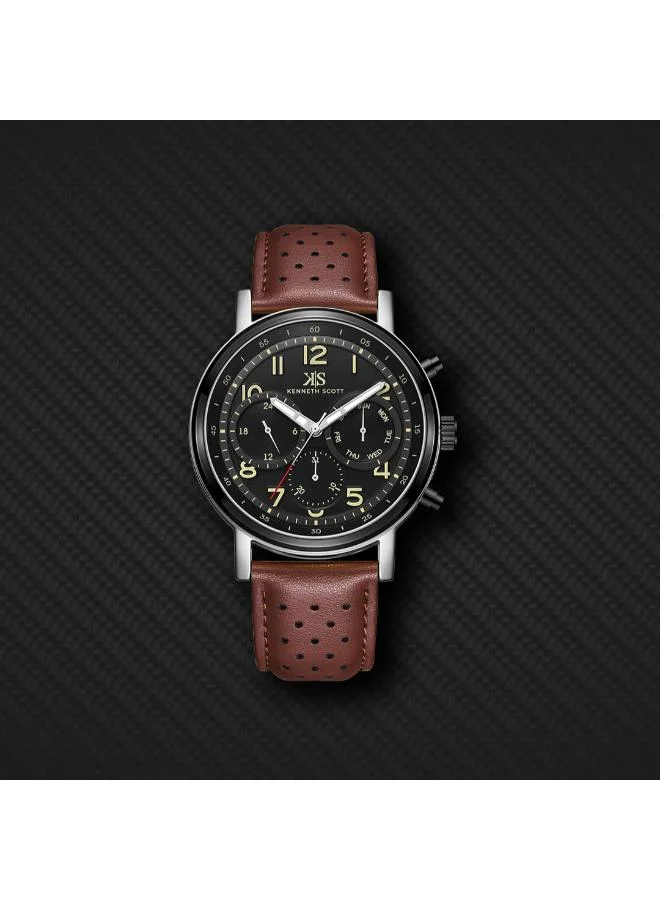 Kenneth Scott Black Kenneth Scott Men's Epson VX9J Movement Watch, Analog Display and Leather Strap - K24119-QLDB, Brown for Men | Best Price UAE