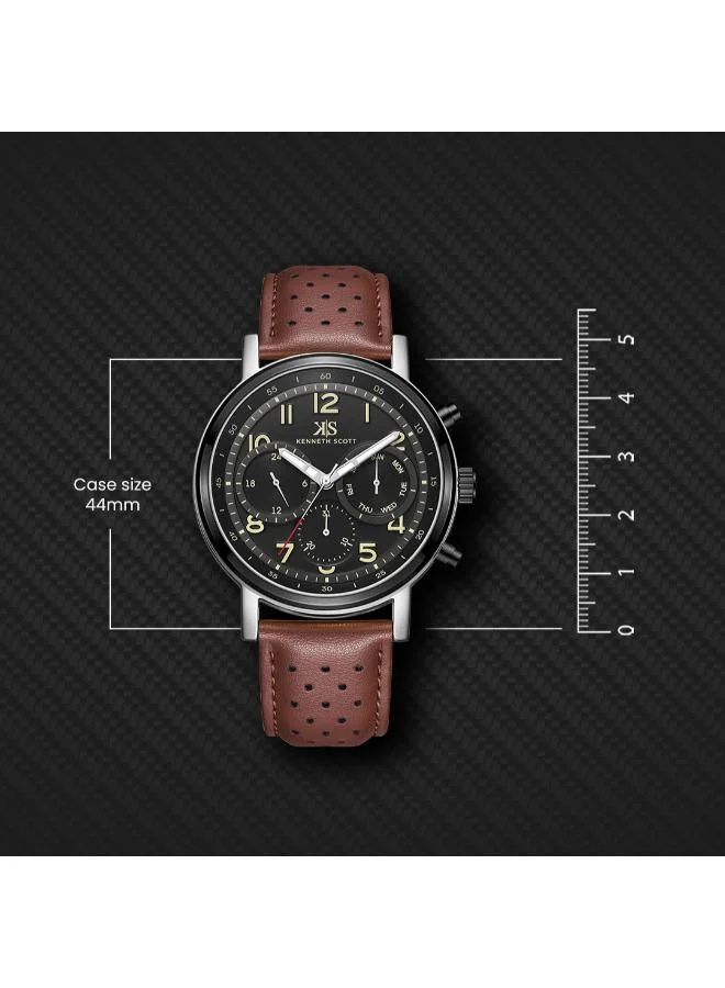 Kenneth Scott Black Kenneth Scott Men's Epson VX9J Movement Watch, Analog Display and Leather Strap - K24119-QLDB, Brown for Men | Best Price UAE