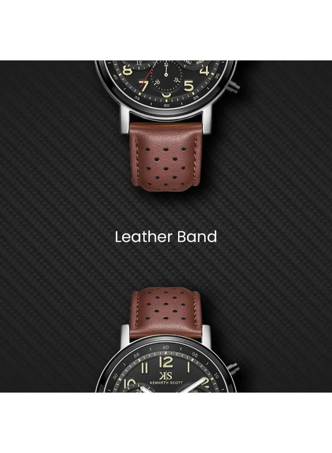 Kenneth Scott Black Kenneth Scott Men's Epson VX9J Movement Watch, Analog Display and Leather Strap - K24119-QLDB, Brown for Men | Best Price UAE