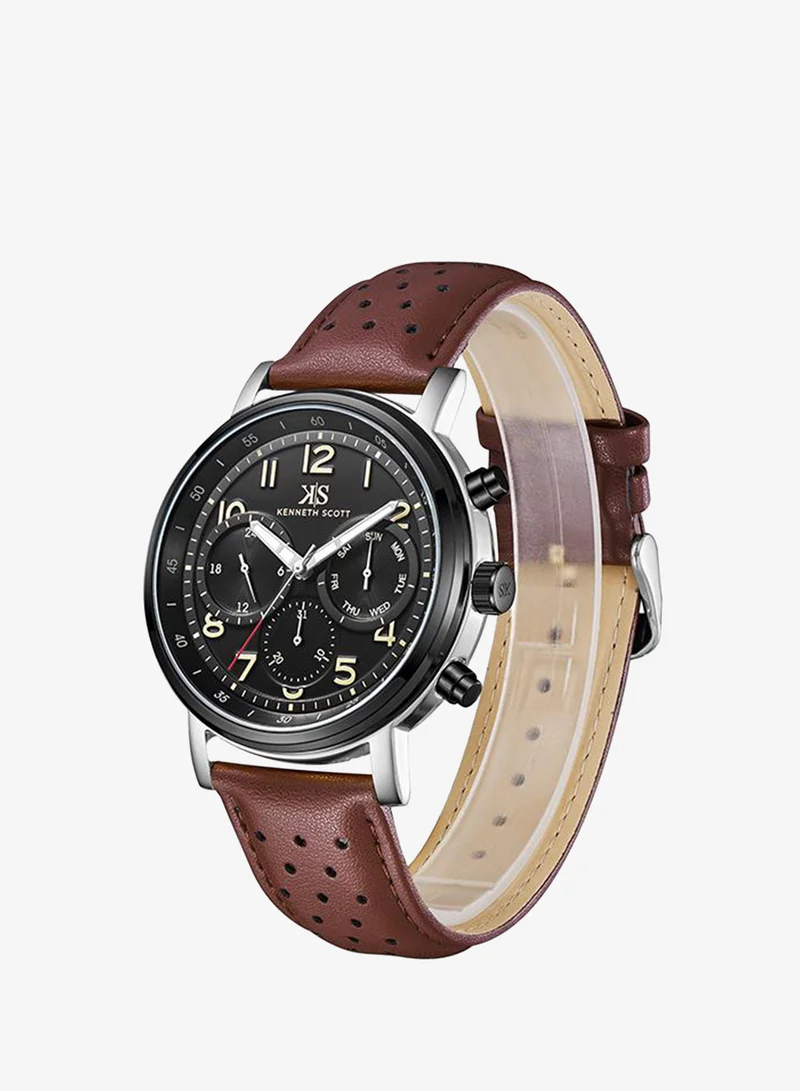 Kenneth Scott Black Kenneth Scott Men's Epson VX9J Movement Watch, Analog Display and Leather Strap - K24119-QLDB, Brown for Men | Best Price UAE