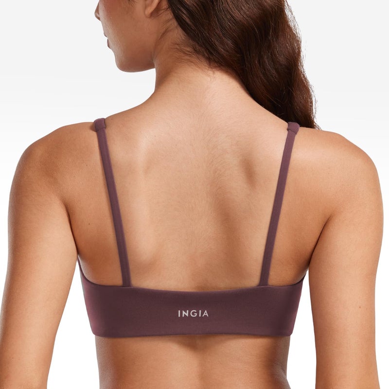 INGIA Women's Square Scoop Neck Sports Bra Thin Strap Padded Low Impact Yoga Bra Wireless Workout Crop Top Americano (Plumbrown) Large - Image 3
