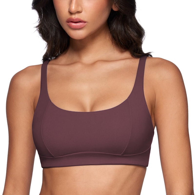 INGIA Women's Square Scoop Neck Sports Bra Thin Strap Padded Low Impact Yoga Bra Wireless Workout Crop Top Americano (Plumbrown) Large - Image 1