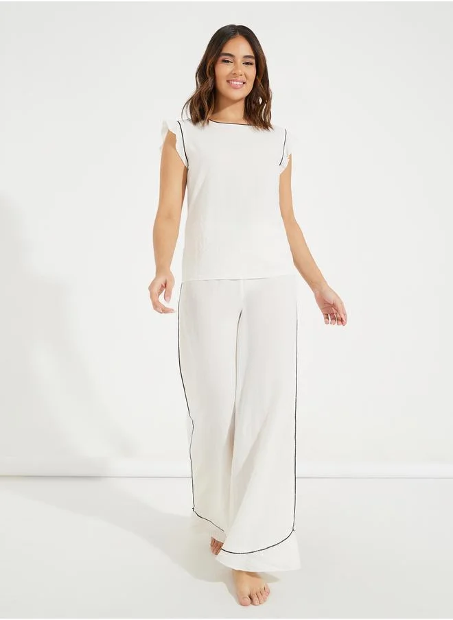 Styli Contrast Edge Ruffle Hem Textured T-Shirt & Pyjama Set