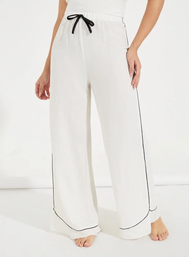 Styli Contrast Edge Ruffle Hem Textured T-Shirt & Pyjama Set