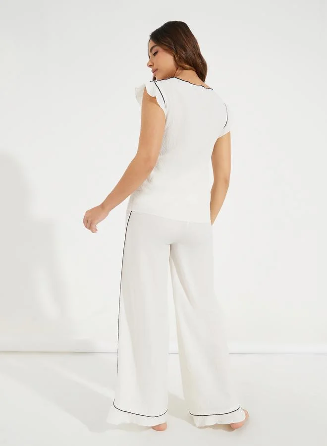 Styli Contrast Edge Ruffle Hem Textured T-Shirt & Pyjama Set