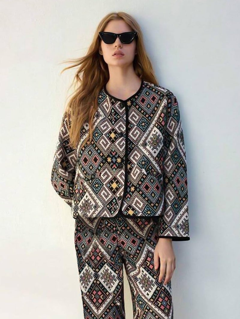 Toochki Dress for Women | Spandex Cotton | Three Piece | Co Ord Set | Top Bottom & Jacket | Printed Multicolor - Image 2