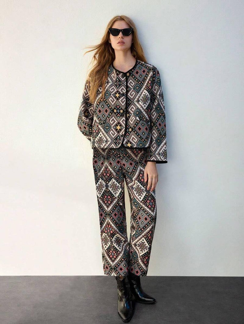 Toochki Dress for Women | Spandex Cotton | Three Piece | Co Ord Set | Top Bottom & Jacket | Printed Multicolor - Image 5