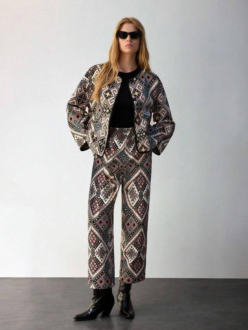 Toochki Dress for Women | Spandex Cotton | Three Piece | Co Ord Set | Top Bottom & Jacket | Printed Multicolor - Image 3