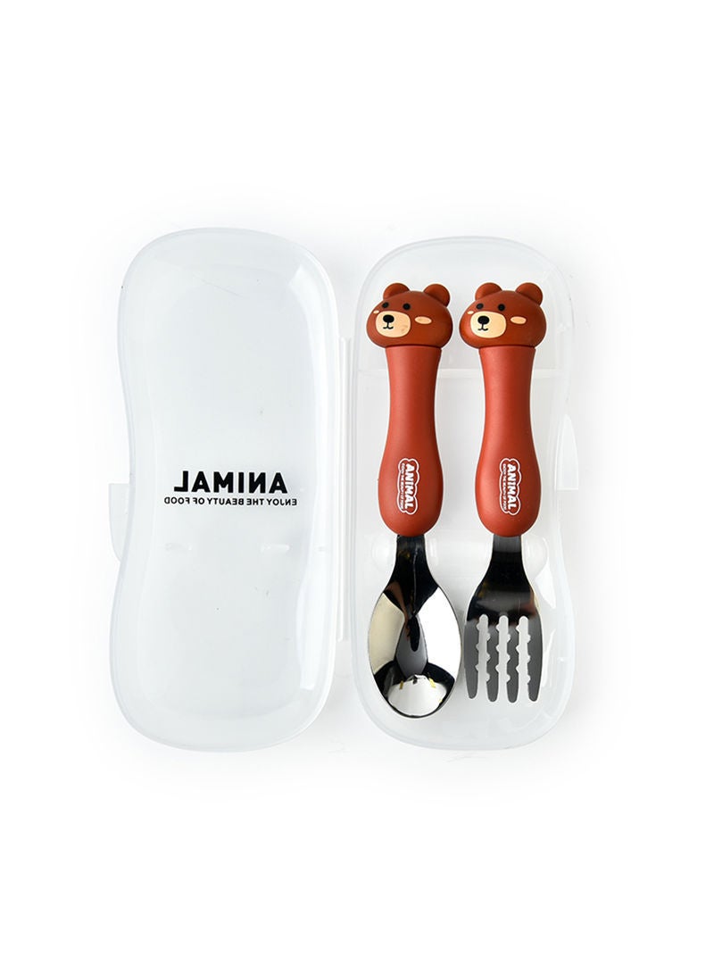 NIBEMINENT 2-Piece Toddler Utensils Spoon And Folk Set With Travel Case Brown 17.5x3x8cm - Image 1