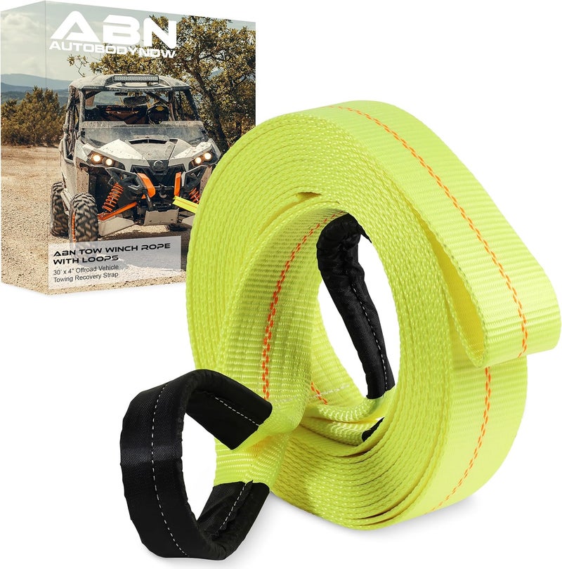 ABN Tow Winch Rope with Loops - 30' x 4' Offroad Vehicle Recovery Strap - 20,000 lbs Capacity - Image 1