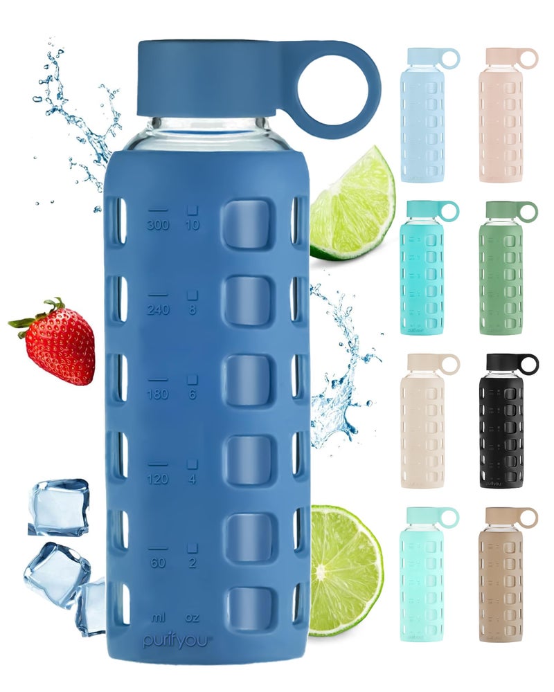 purifyou 40322212 oz Borosilicate Glass Water Bottles with Volume Markers Silicone Sleeve Stainless Steel Lid Reusable Bottle for Water Juice Gym and Fridge Storage 12oz Chinese Porcelain