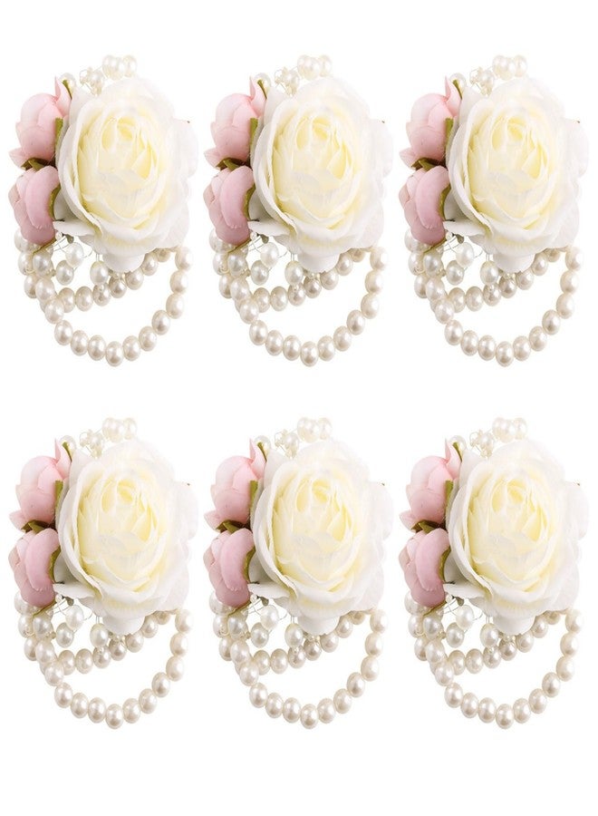 Gkvszy Wrist Corsages Set of 6 for Wedding Bridal Bride Bridesmaid Artificial Hand Flower Corsage Wristlet Band Homecoming Graduation Prom Party Ivory and Pink - Image 1