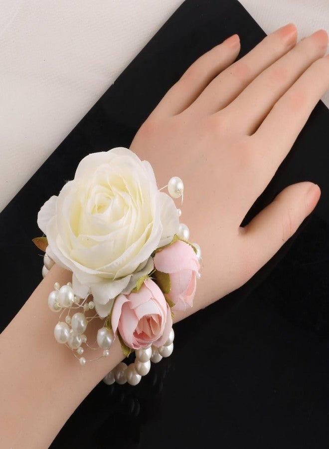 Gkvszy Wrist Corsages Set of 6 for Wedding Bridal Bride Bridesmaid Artificial Hand Flower Corsage Wristlet Band Homecoming Graduation Prom Party Ivory and Pink - Image 5