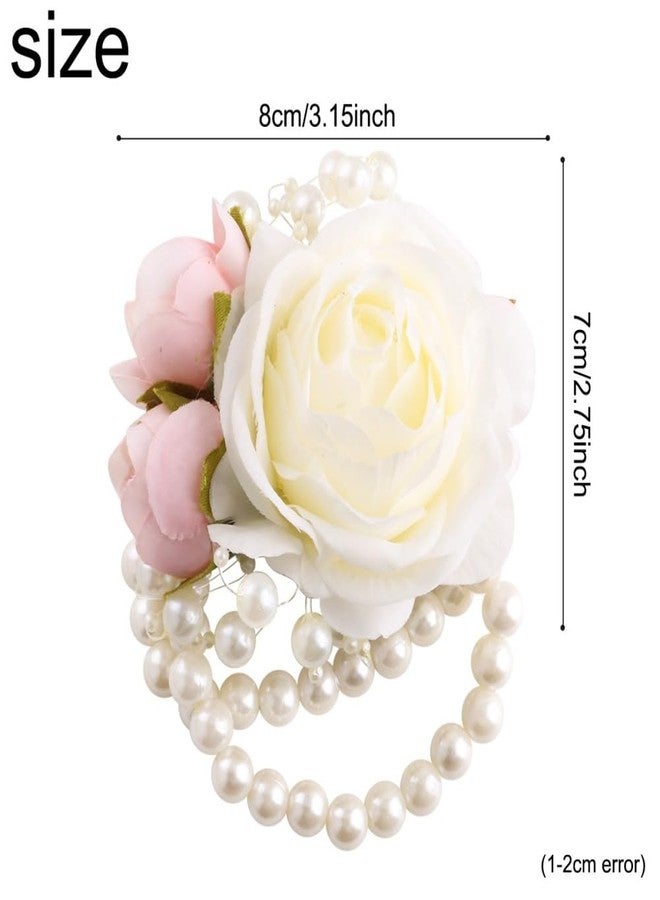 Gkvszy Wrist Corsages Set of 6 for Wedding Bridal Bride Bridesmaid Artificial Hand Flower Corsage Wristlet Band Homecoming Graduation Prom Party Ivory and Pink - Image 2
