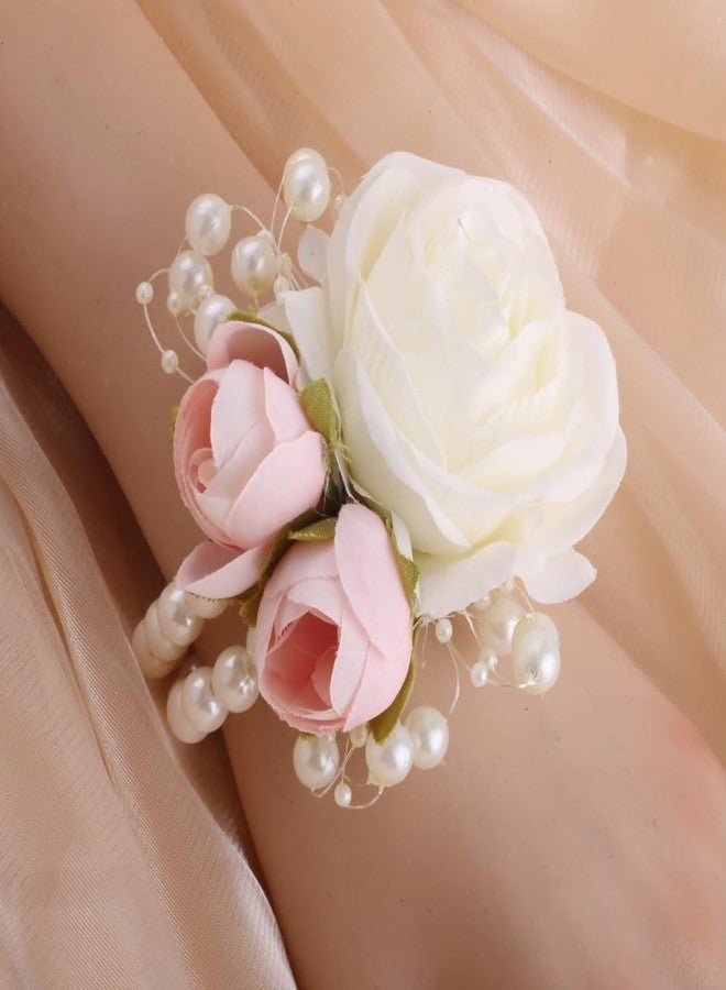 Gkvszy Wrist Corsages Set of 6 for Wedding Bridal Bride Bridesmaid Artificial Hand Flower Corsage Wristlet Band Homecoming Graduation Prom Party Ivory and Pink - Image 3