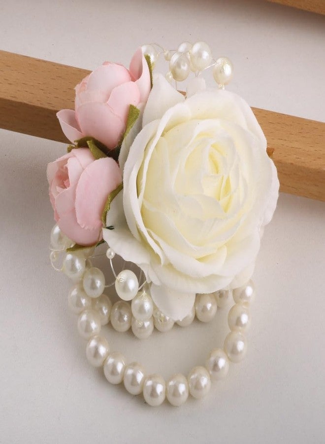 Gkvszy Wrist Corsages Set of 6 for Wedding Bridal Bride Bridesmaid Artificial Hand Flower Corsage Wristlet Band Homecoming Graduation Prom Party Ivory and Pink - Image 4