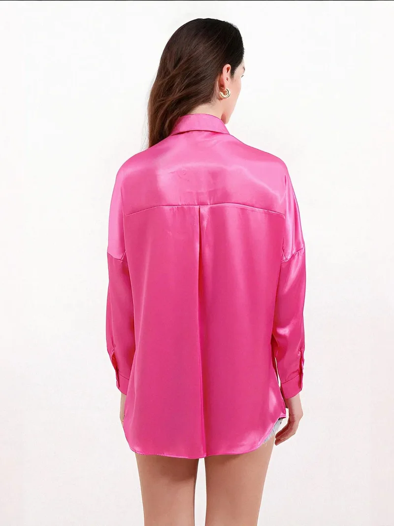 Big Dart Bright Pink Oversized Satin Button-Front Shirt for Women | Best Price UAE