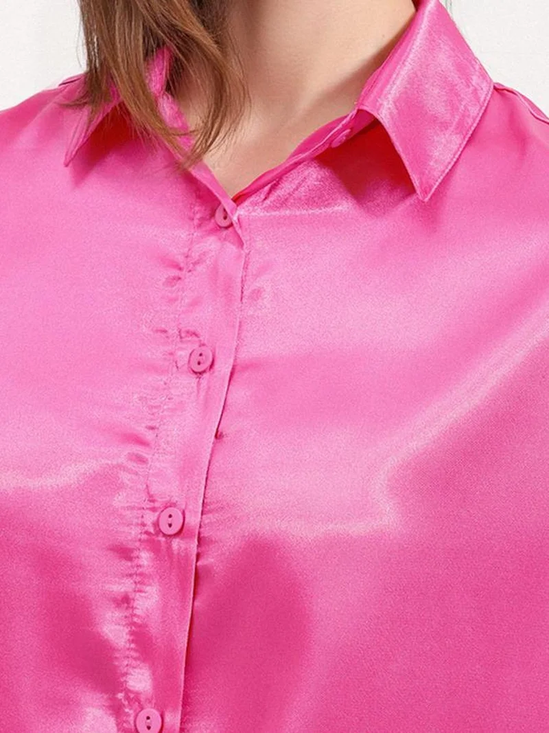 Big Dart Bright Pink Oversized Satin Button-Front Shirt for Women | Best Price UAE