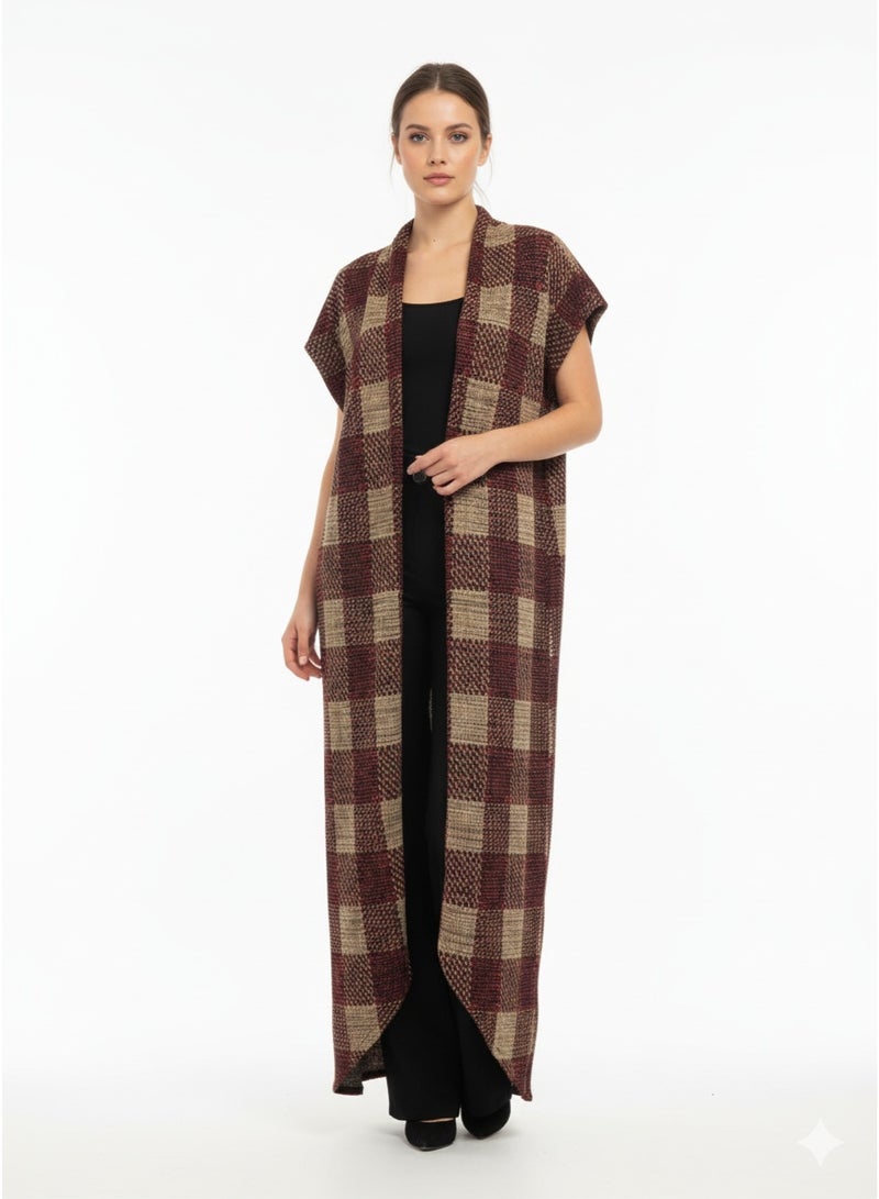 Women long knit wool vest plaid maxi - Image 1