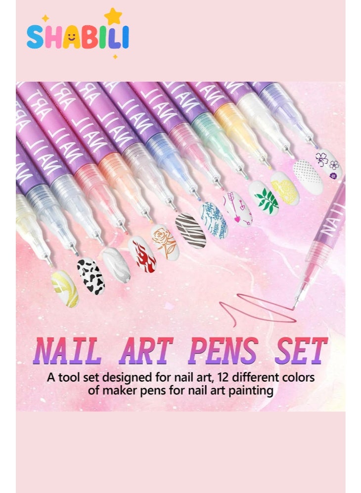 SHABILI 12 Colors Nail Art Pens Set with 0.5mm Fine Tip, Water-Based Quick-Dry Nail Art Markers for DIY Manicure Designs, Nail Doodle Pens for Lines and Patterns and Craft Decoration, Easy for Beginners - Image 2
