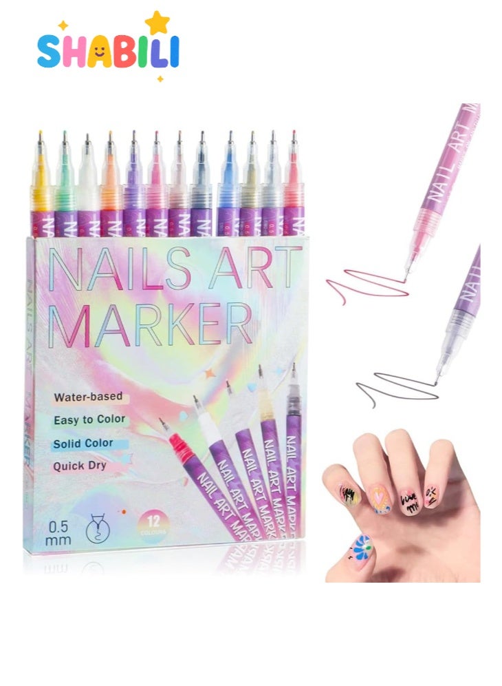 SHABILI 12 Colors Nail Art Pens Set with 0.5mm Fine Tip, Water-Based Quick-Dry Nail Art Markers for DIY Manicure Designs, Nail Doodle Pens for Lines and Patterns and Craft Decoration, Easy for Beginners - Image 1