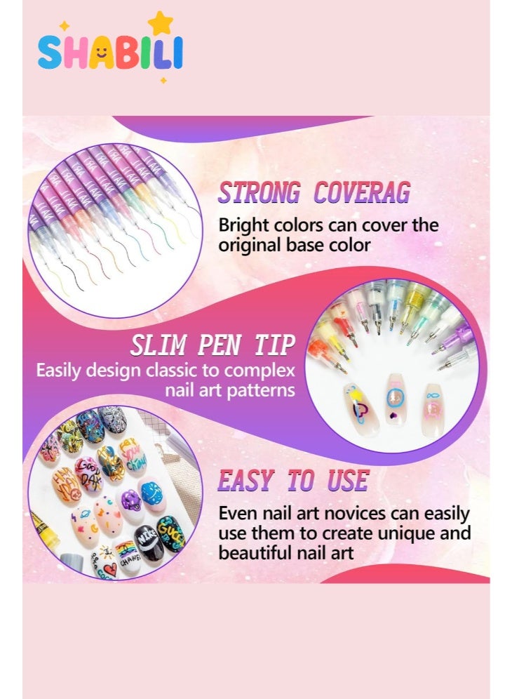 SHABILI 12 Colors Nail Art Pens Set with 0.5mm Fine Tip, Water-Based Quick-Dry Nail Art Markers for DIY Manicure Designs, Nail Doodle Pens for Lines and Patterns and Craft Decoration, Easy for Beginners - Image 3