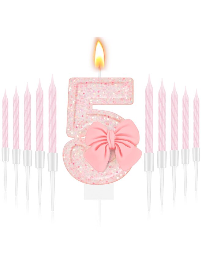 LAMAY 5nd Number Birthday Candle Girls Pink Bow Glitter Happy Birthday Number Cake Topper with 10 Long Thin Spiral Cupcake Candle Bowknot Cake Decorations for Wedding Anniversary Princess Theme Party - Image 1