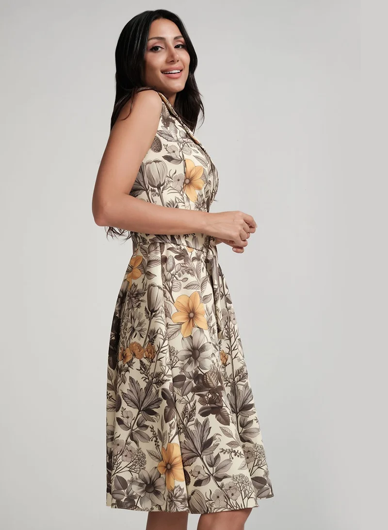 Zigzag Lapel Attached Printed Sleeveless Dress