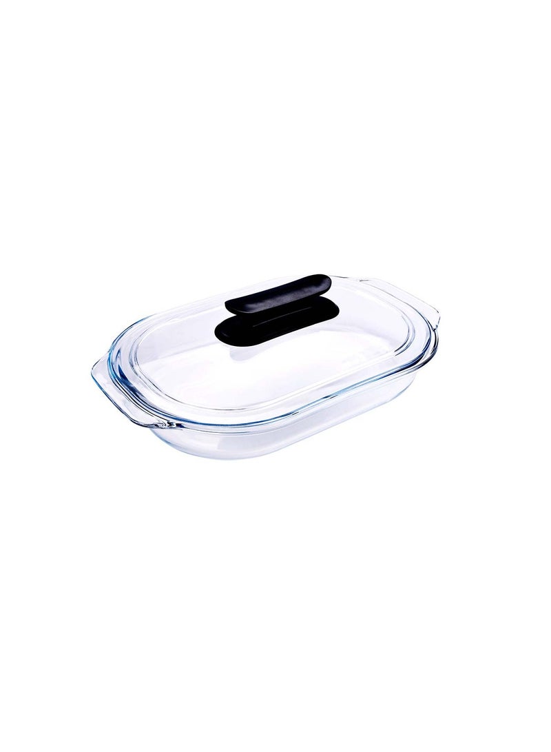 Royalford 3 L Glass Baking Dish with Lid-RF12195/ Oval Tray Perfect for Baking and Serving/ Casserole with Easy Grab Handles and Knob Clear - Image 1