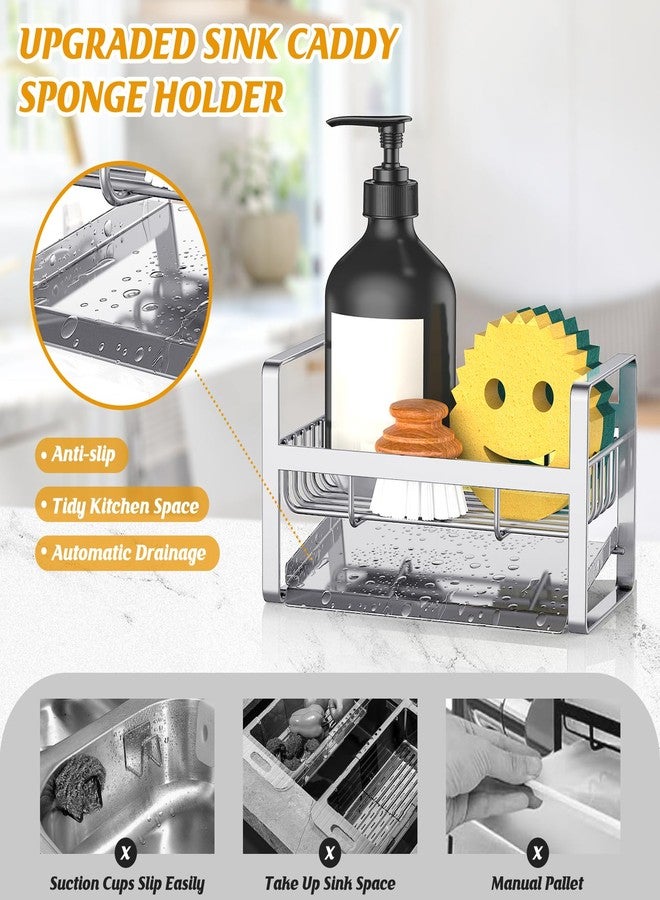Taugast Sponge Holder - Stainless Steel Kitchen Organizer with Auto Draining Tray, Countertop Sink Caddy for Sponge, Soap, Brush - Silver-Grey - Image 2