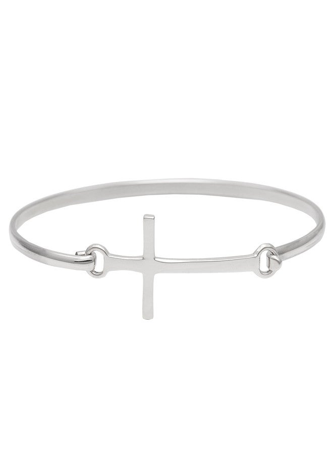 Silverly Classic Cross Sterling Silver Bangle - Religious Jewelry for Women - Minimalist 925 Silver Bracelet for Women - Christian Crucifix Pressure Clasp Bangle Bracelet - Image 1